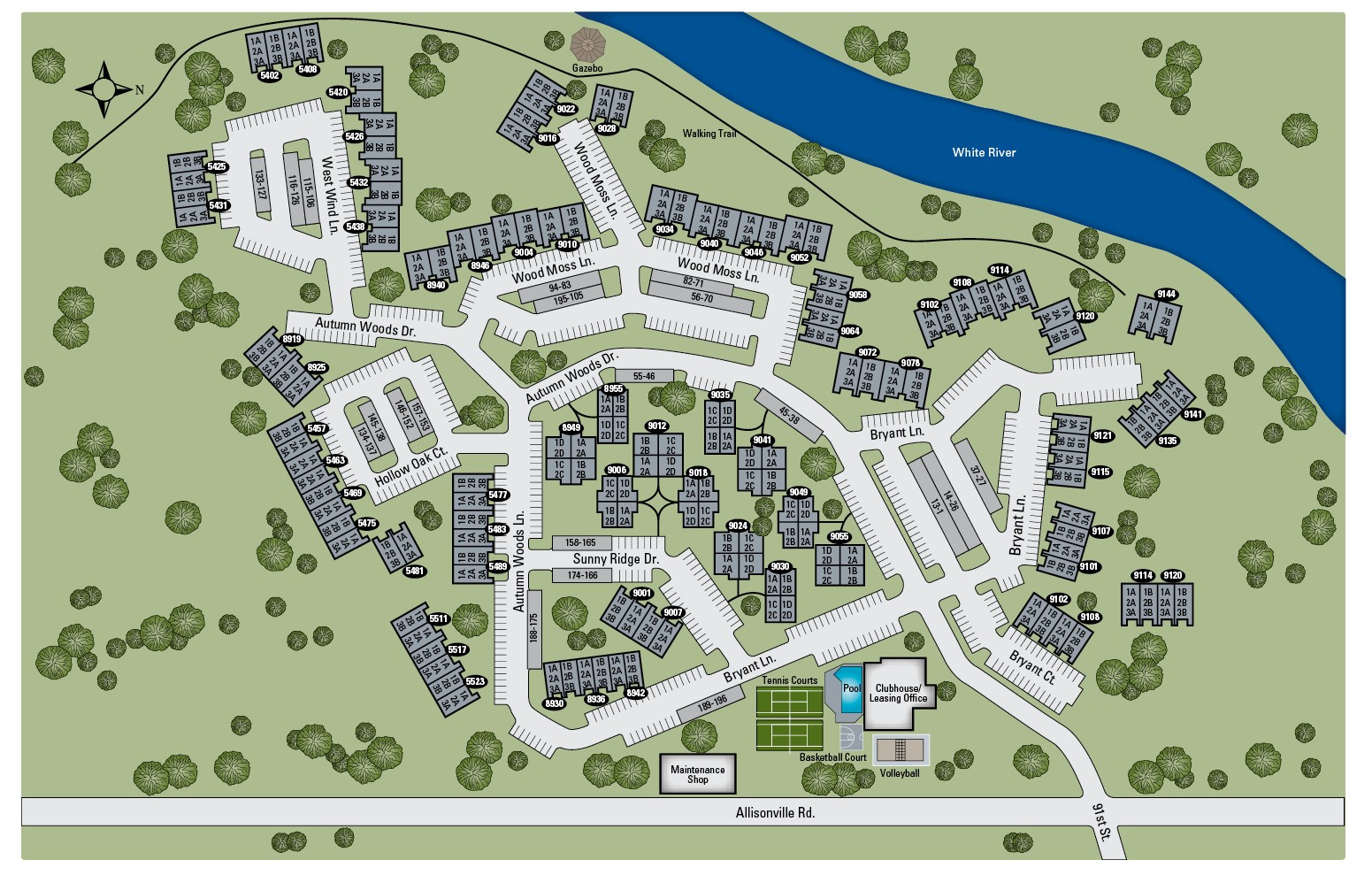 This community map shows the layout of apartments for TGM Autumn Woods Apartments in Indianapolis, IN.